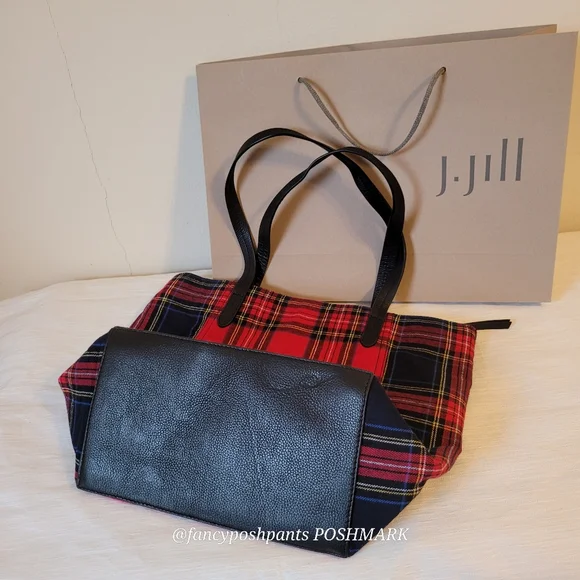 ❤J JILL real LEATHER trim 100% cotton plaid NWOTzipper, interior pocket tote bag - Picture 10 of 16